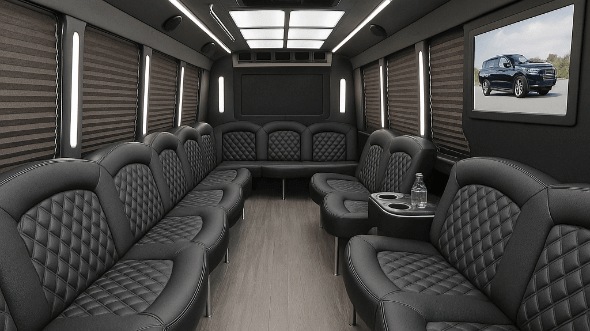 Interior of Charter Bus Company San Bernardino's 40 Passenger Party Bus in San Bernardino